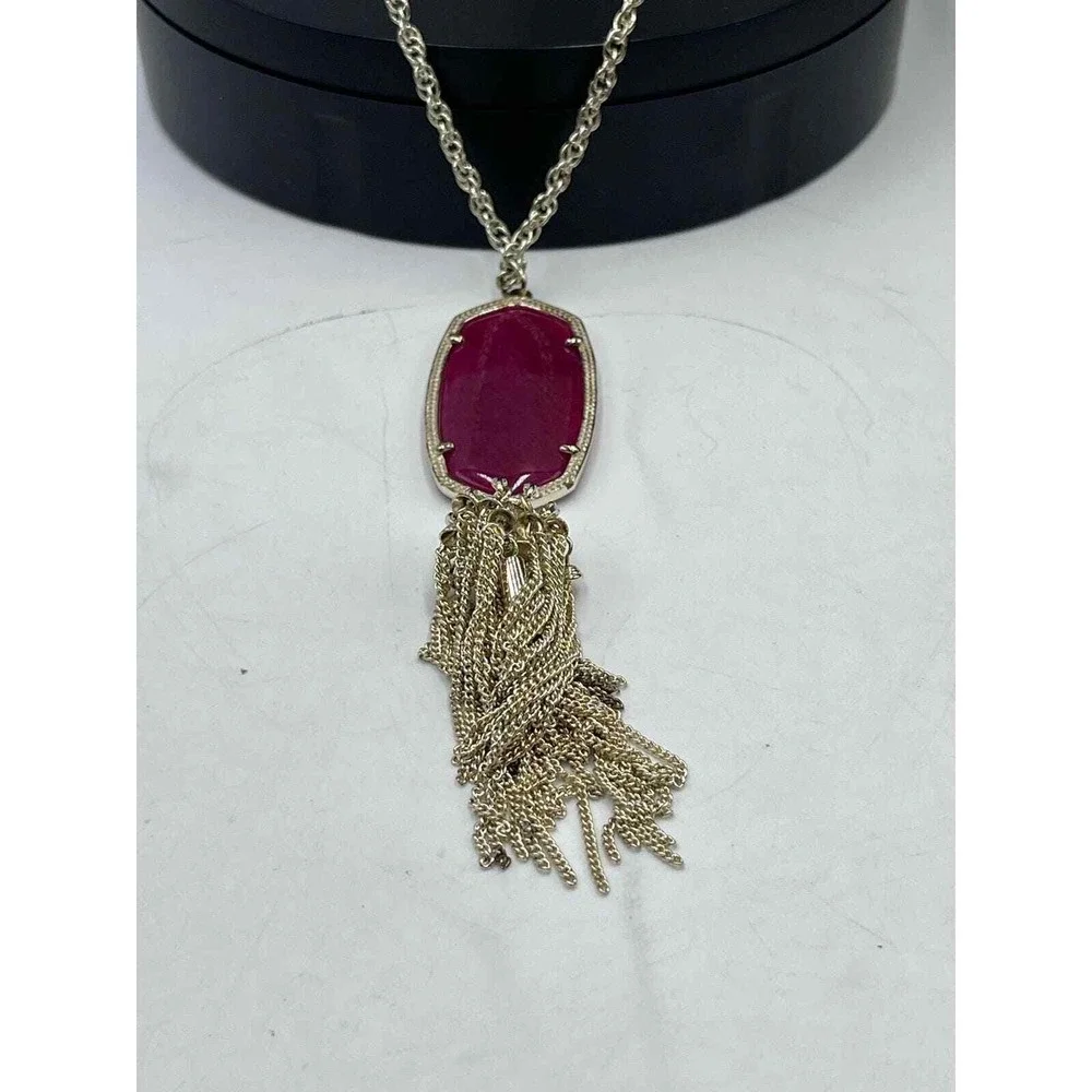 Kendra Scott Rayne Magenta Maroon Jade Tassel‎ Gold Plated Long Necklace